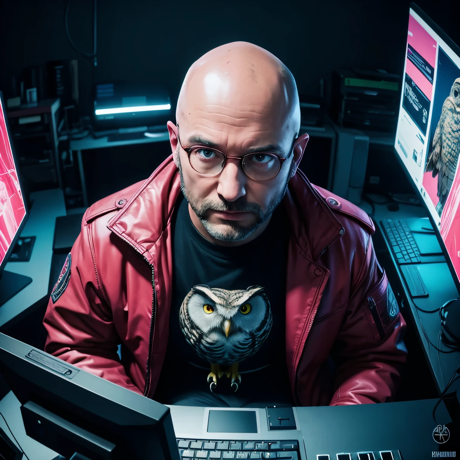 40 year old bald Woman sitting, computers around, (a huge owl bird on his shoulder), red owl, cyberpunk style, image angle from above, dramatic light, neon blue light with pink, vibrant colors, high quality, high definition, 16k, uhd, severe low lighting, high quality, sharp focus, fujifilm XT3, Fine composition, super detailed, best quality.