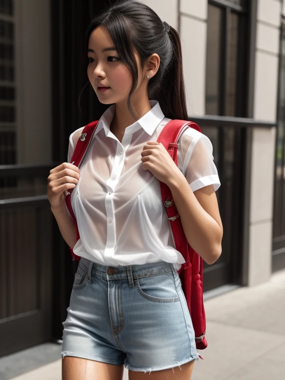 masterpiece, High resolution, One girl, 20 and.○, Black Hair, p○nytail, (Quite a perfect fit:1.7), (Wear a thin, see-through white shirt:1.7), (Wet:1.2),(very flat chest:1.5),Denim Mini Pants, Wear sneakers, carrying rand○seru backpack, (rand○seru backpack:1.1), crime preventi○n buzzer, Are standing, upper b○dy:1.7, city