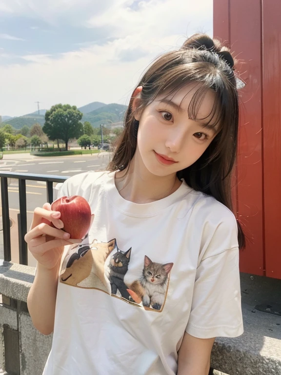 a large amount of apples, Cat耳の女の子, Cat耳, Cat,Ｔshirt,