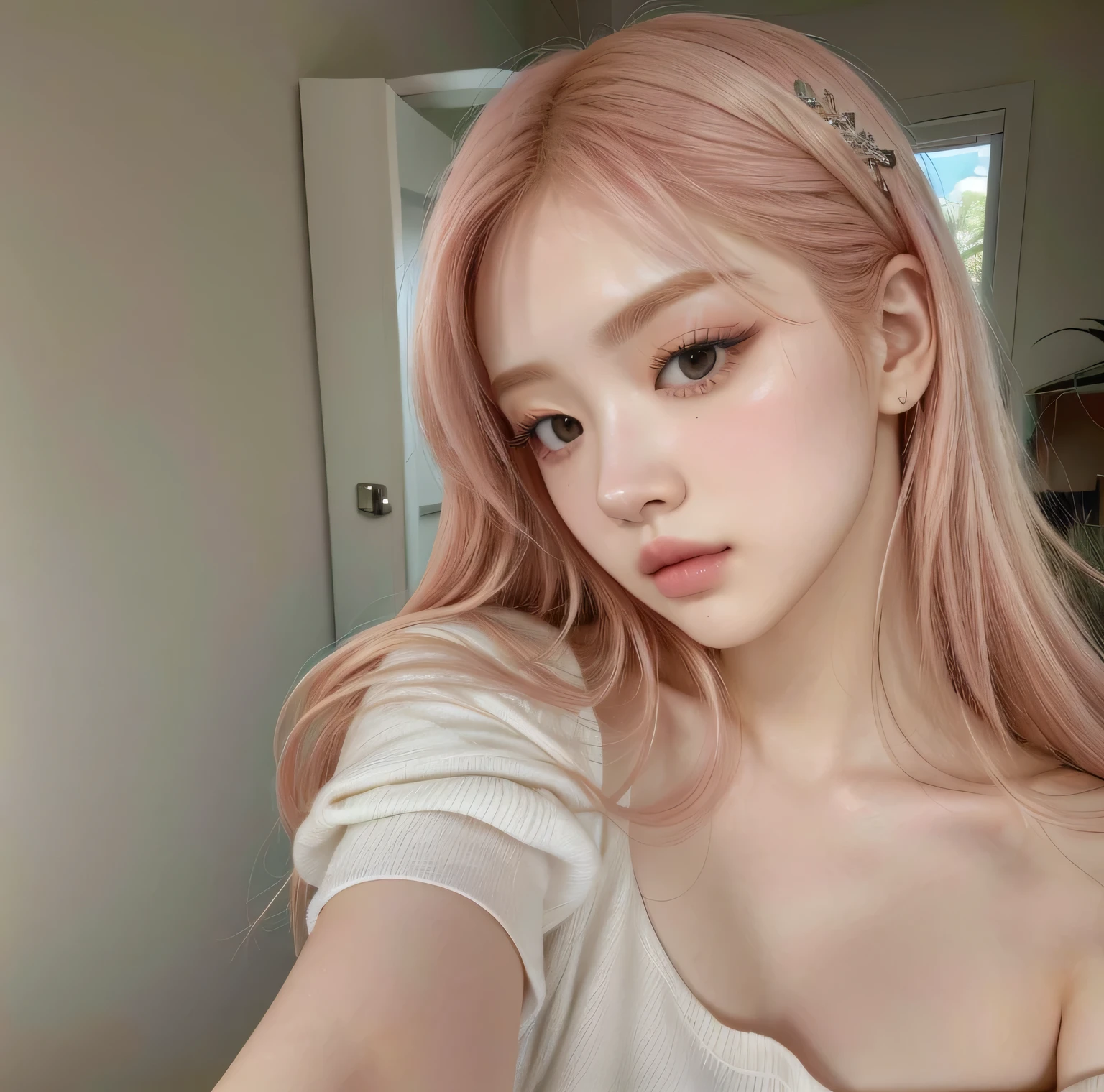 
Rose de Blackpink, cabello rubio, piel suave, ojos grandes, pale skin, cabello largo y sedoso, estilo realista
