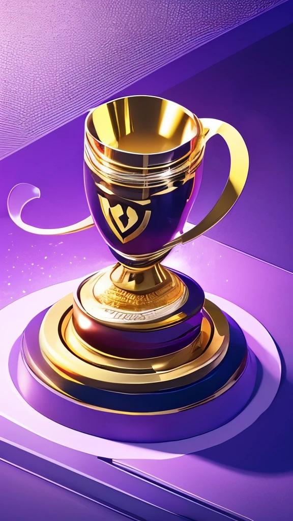 high quality, 4k, graphic design, trophy, golden trophy, money inside the trophy, dollars, dollars falling from the trophy, smoke effects, purple smokes, smokes appearing at the side of the image