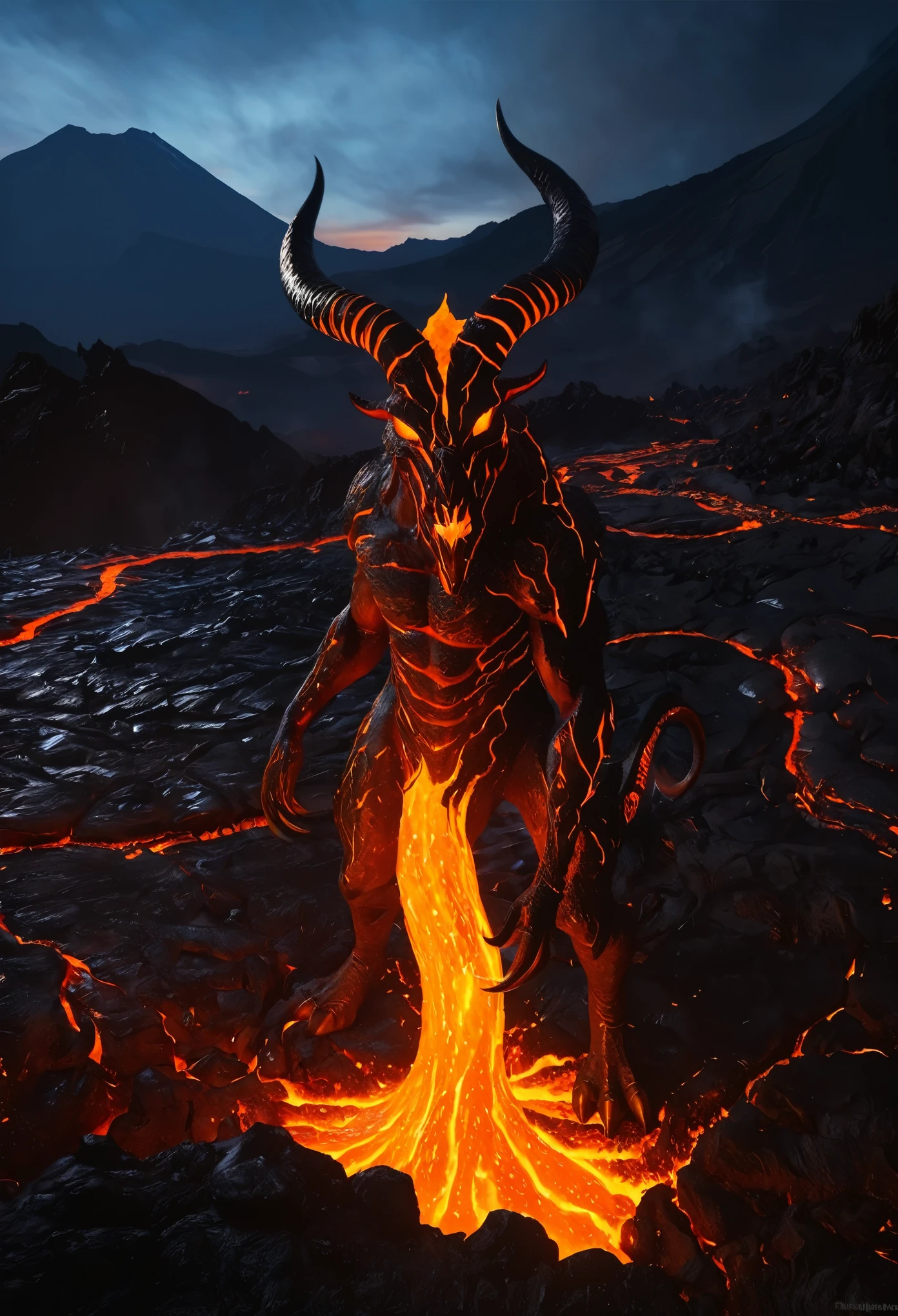 (best quality,4k,8k,highres,masterpiece:1.2),ultra-detailed,(realistic,photorealistic,photo-realistic:1.37),Lava Demon,(conceptual design),(magma:1.1),(smooth transition:1.1),(luminescent:0.9),low light,clear focus,ray tracing,translucent skin,lava-like textures,molten rock horns,fiery eyes,majestic presence,demonic aura,glowing cracks,magma flowing through veins,shadows dancing on the surface,ominous atmosphere,dark and dramatic,volcanic eruption in the background,mountaintop setting,red and orange color palette,dynamic lighting,fiery glow,smoke and ash particles in the air