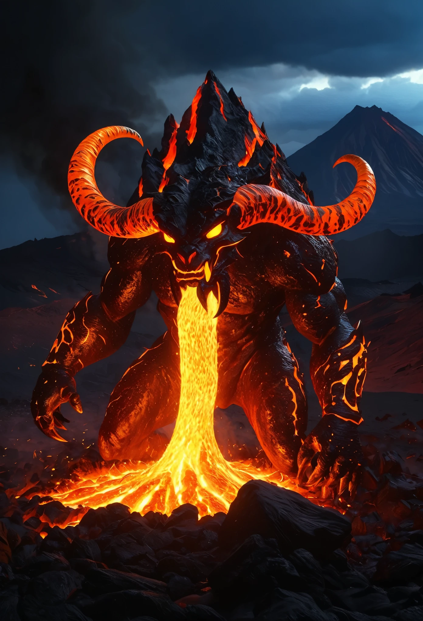 (best quality,4k,8k,highres,masterpiece:1.2),ultra-detailed,(realistic,photorealistic,photo-realistic:1.37),Lava Demon,(conceptual design),(magma:1.1),(smooth transition:1.1),(luminescent:0.9),low light,clear focus,ray tracing,translucent skin,lava-like textures,molten rock horns,fiery eyes,majestic presence,demonic aura,glowing cracks,magma flowing through veins,shadows dancing on the surface,ominous atmosphere,dark and dramatic,volcanic eruption in the background,mountaintop setting,red and orange color palette,dynamic lighting,fiery glow,smoke and ash particles in the air