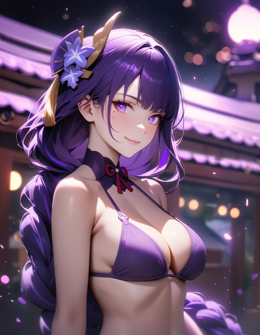 masterpiece, 8k, high resolution, detailed background, bokeh, shrine, raiden shogun, solo, long hair, looking at viewer, standing in front, ((purple bikini)), cleavage, smile, closed mouth, purple pupils, purple hair, braid, mole, blurry, mole under eye, purple flower, (sfw), perfect portrait, cinematic background, glowing particles, semi-realistic, 