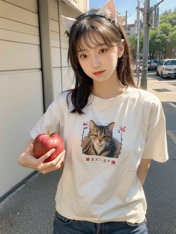 a large amount of apples, Cat耳の女の子, Cat耳, Cat,Ｔshirt,