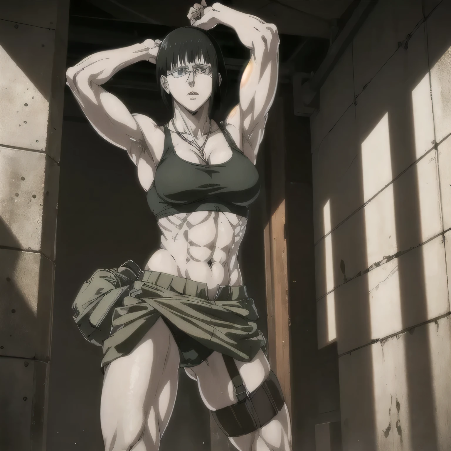 (best quality,ultra-detailed,realistic:1.37),musclaur badass girl with sculpted body with preview her musclaur body and six-pack, full review of the female character's face and body, intense expression, strong and confident posture, studio lighting, vivid colors, physiologically-based rendering, grungy texture, rugged background, dust particles in the air, commanding presence, professional, powerful, gritty aesthetics,,Valmet،short hair,necklace,clean muscles،wearing military male underwear and midriff tank top, tattoos on shoulders,clean clothes,boxing stand position