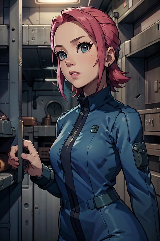 Mayl Sakurai reimagined as a vault dweller, doing maintenance in an underground vault. Her vibrant pink hair stands out against the dimly lit environment. She is a 26-year-old woman dressed in a vault dweller jumpsuit, indicative of her role in the post-apocalyptic world. The jumpsuit is worn but still functional, reflecting the harsh conditions of life underground. Her face is beautifully detailed, with expressive eyes that convey determination and intelligence. Her lips are also well-defined, adding to her overall allure.

In the vault, Mayl Sakurai is seen operating a pipboy, a wrist-worn device that serves as an essential tool and information hub for survival in the vault. The pipboy's screen emits a soft glow, illuminating Mayl's face and casting a subtle green hue on the surroundings. The details on the pipboy, from its buttons to its display, are extremely detailed, showcasing its futuristic design.

The underground vault is filled with mechanical equipment and pipes, emphasizing the importance of maintenance in this post-apocalyptic world. The atmosphere is gritty and industrial, with a hint of mystery and danger. The lighting is dim and has a hint of blue tones, enhancing the underground ambiance.

Despite the grim surroundings, Mayl Sakurai exudes confidence and strength as she jumps into action, ready to fulfill her duties as a vault dweller. Her posture and expression suggest that she is prepared to face any challenge that comes her way.

The image quality should be at its best, with 4K resolution and ultra-detailed rendering, capturing every intricate detail of the scene. The colors should be vivid, emphasizing the contrast between Mayl's vibrant pink hair and the dimly lit environment. The overall style should lean towards a post-apocalyptic concept art aesthetic, blending realism with a touch of fantasy.

In summary, the Stable Diffusion prompt for the provided theme would be:
Mayl Sakurai reimagined as a vault dweller, doing maintenance in an undergr