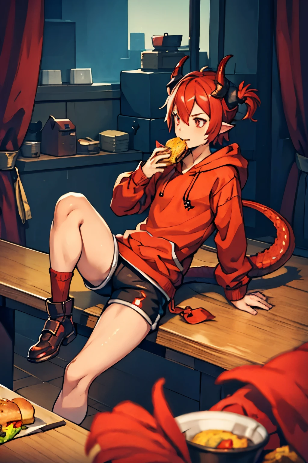 One male femboy with red dragon tail and red horns in a baggie hoodie and short tight shorts sitting at table eating burger