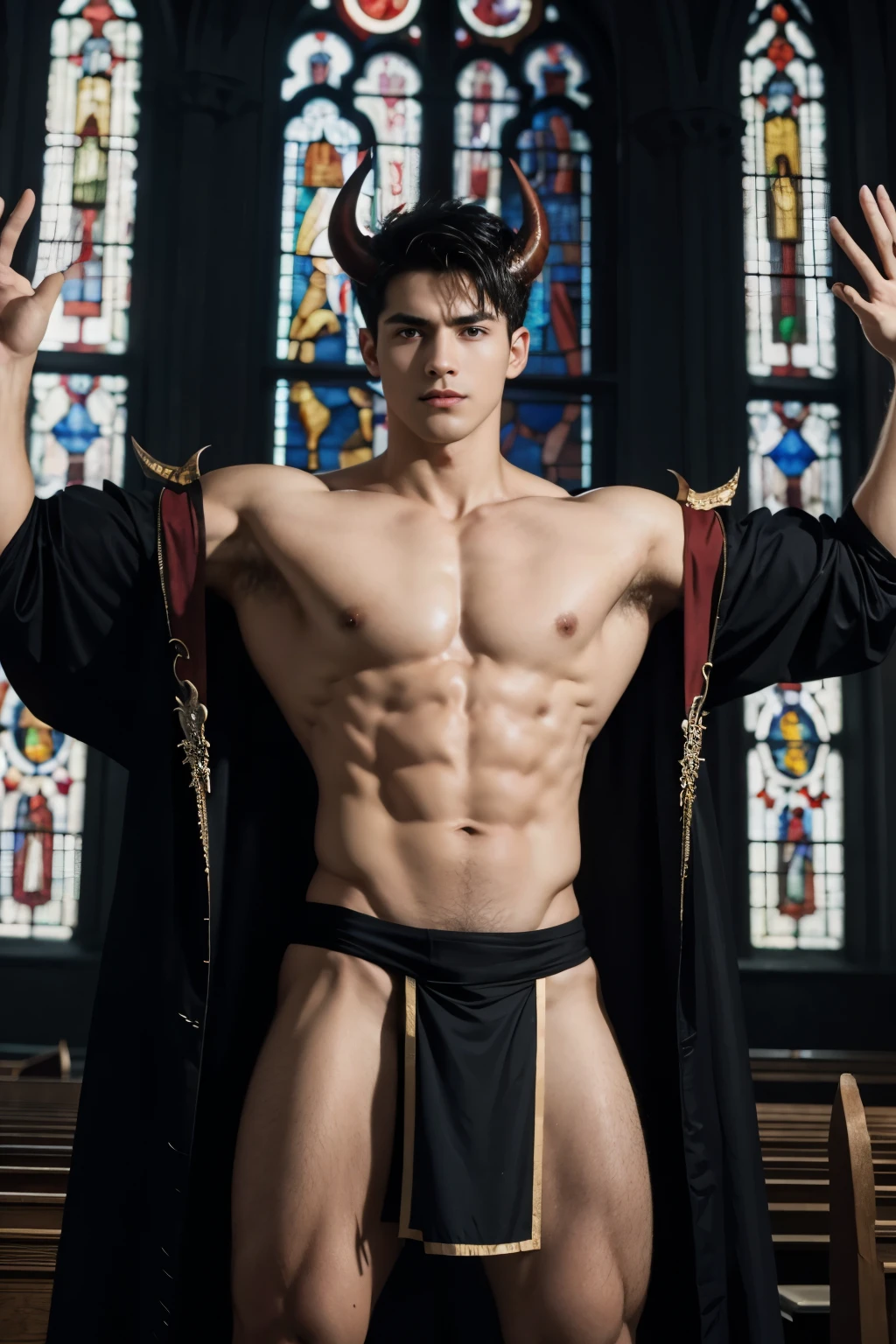 masterpiece, realistic, photographic, 1boy, a sexy young Roman Catholic priest turning into a hot male demon with red skin, black hair, glowing red eyes, long black claws on his fingers and large horns as well as a massive demonic wingspan, he is wearing a black loincloth, bursting out of his ripped and torn priestly robes showing his muscular pecs, abs, biceps, shoulders and perky nipples.  A seductive expression on his face, he is surrounded by glowing human skulls, stained glass windows inside the interior of a gothic church background