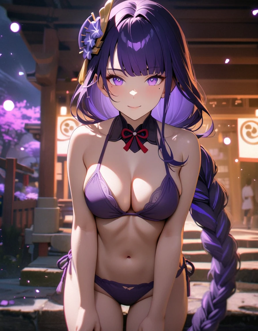 masterpiece, 8k, high resolution, detailed background, bokeh, shrine, raiden shogun, solo, long hair, looking at viewer, standing in front, ((purple bikini)), cleavage, smile, closed mouth, purple pupils, purple hair, braid, mole, blurry, mole under eye, purple flower, (sfw), full body, perfect portrait, cinematic background, glowing particles, semi-realistic, 