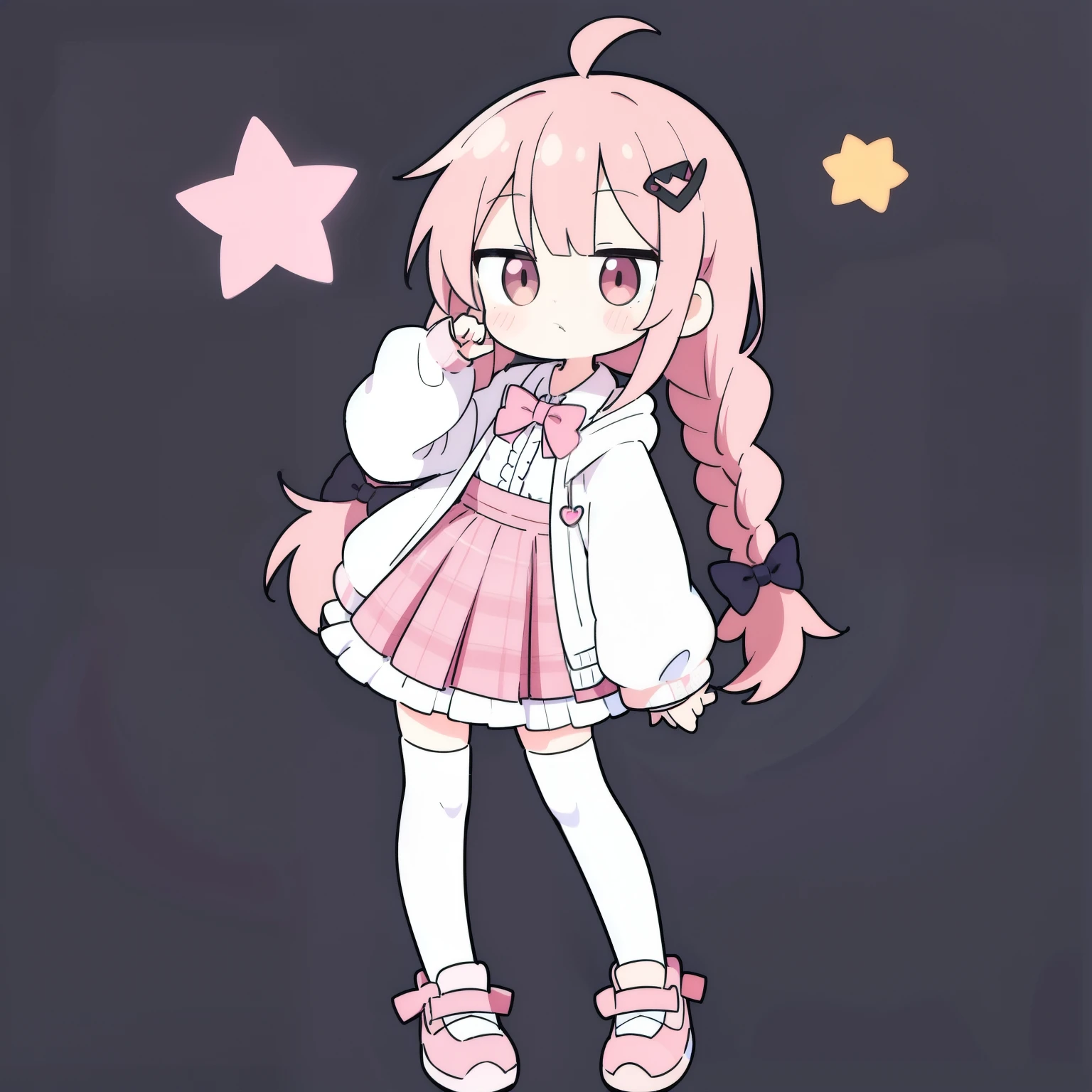highres 1girl ahoge bobby_pin bow bowtie braid brown_eyes collared_shirt dojikko_pose frilled_shirt frilled_shirt_collar frilled_skirt frills hair_bow hair_ornament hairpin hand_on_own_head heart heart_hair_ornament hood hooded_jacket jacket long_hair one_eye_closed pentagram pink_hair plaid plaid_bow plaid_skirt pleated_skirt shirt shoelaces shoes simple_background standing skirt solo star_(symbol) twin_braids wariza white_background white_thighhighs, full body