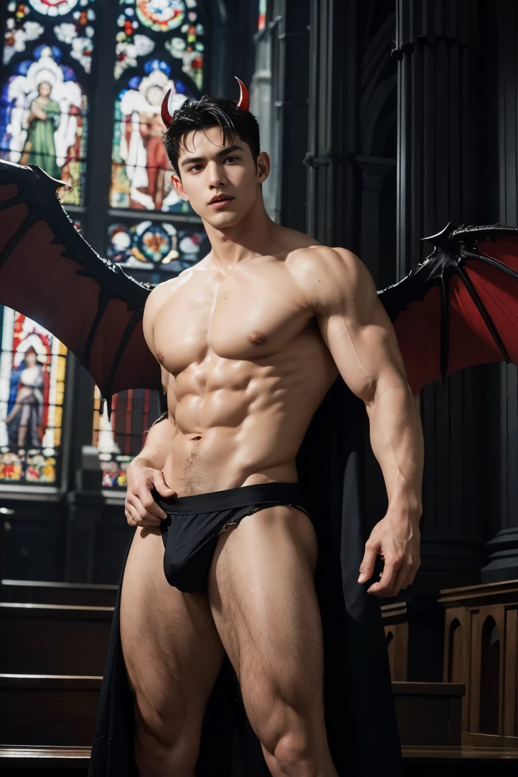 masterpiece, realistic, photographic, 1boy, a sexy young Roman Catholic priest turning into a hot male demon with red skin, black hair, glowing red eyes, long black claws on his fingers and large horns as well as a massive demonic wingspan, he is wearing a black loincloth, bursting out of his ripped and torn priestly robes showing his muscular pecs, abs, biceps, shoulders and perky nipples.  A seductive expression on his face, he is surrounded by glowing human skulls, stained glass windows inside the interior of a gothic church background