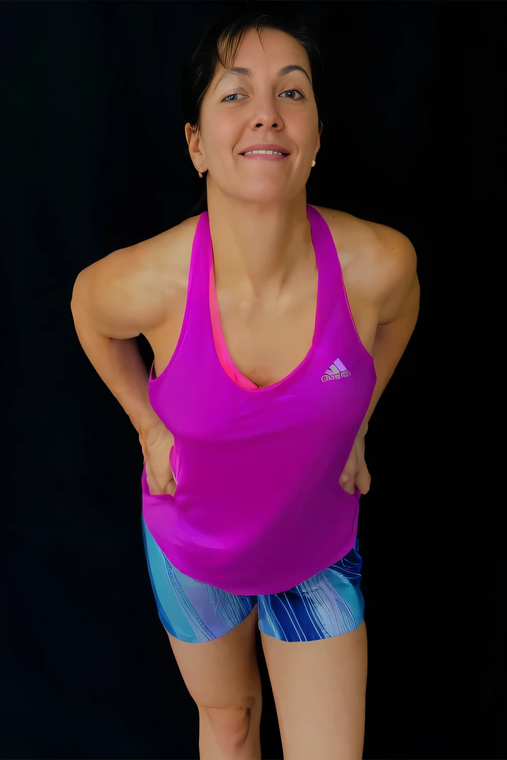 there is a woman in a pink tank top and blue shorts, fit pic, hand on hips, frontal pose, wearing fitness gear, hunched shoulders, close up half body shot, middle body shot, wearing adidas clothing, standing athletic pose, violet tight tanktop, wearing : tanktop, wearing a camisole and shorts, half-body shot