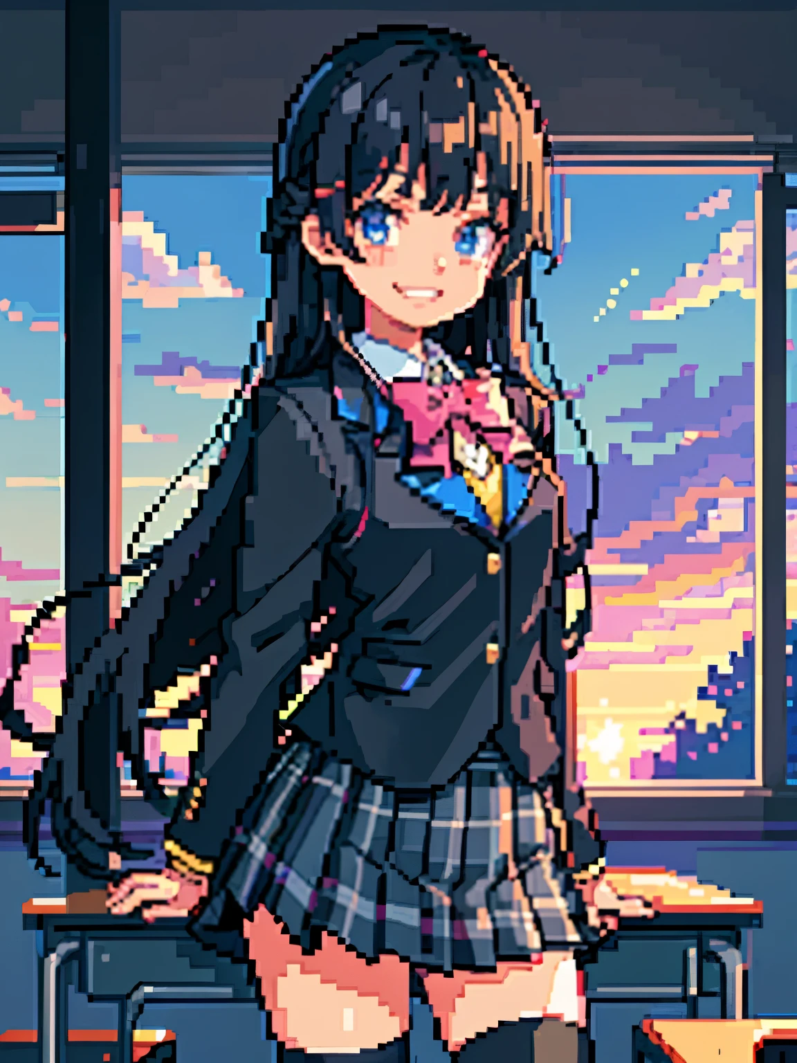 best quality, masterpiece, (pixel art style, contrapposto:1.2), grin, tsukino mito, long hair, black hair, blazer, black jacket, hairclip, hair ornament, white thighhighs, bangs, pleated skirt, pink bow, long sleeves, collared shirt, white shirt, blue eyes, plaid skirt, black skirt, (skirt tug, wind lift:1.4), (classroom at twilight:1.3)
