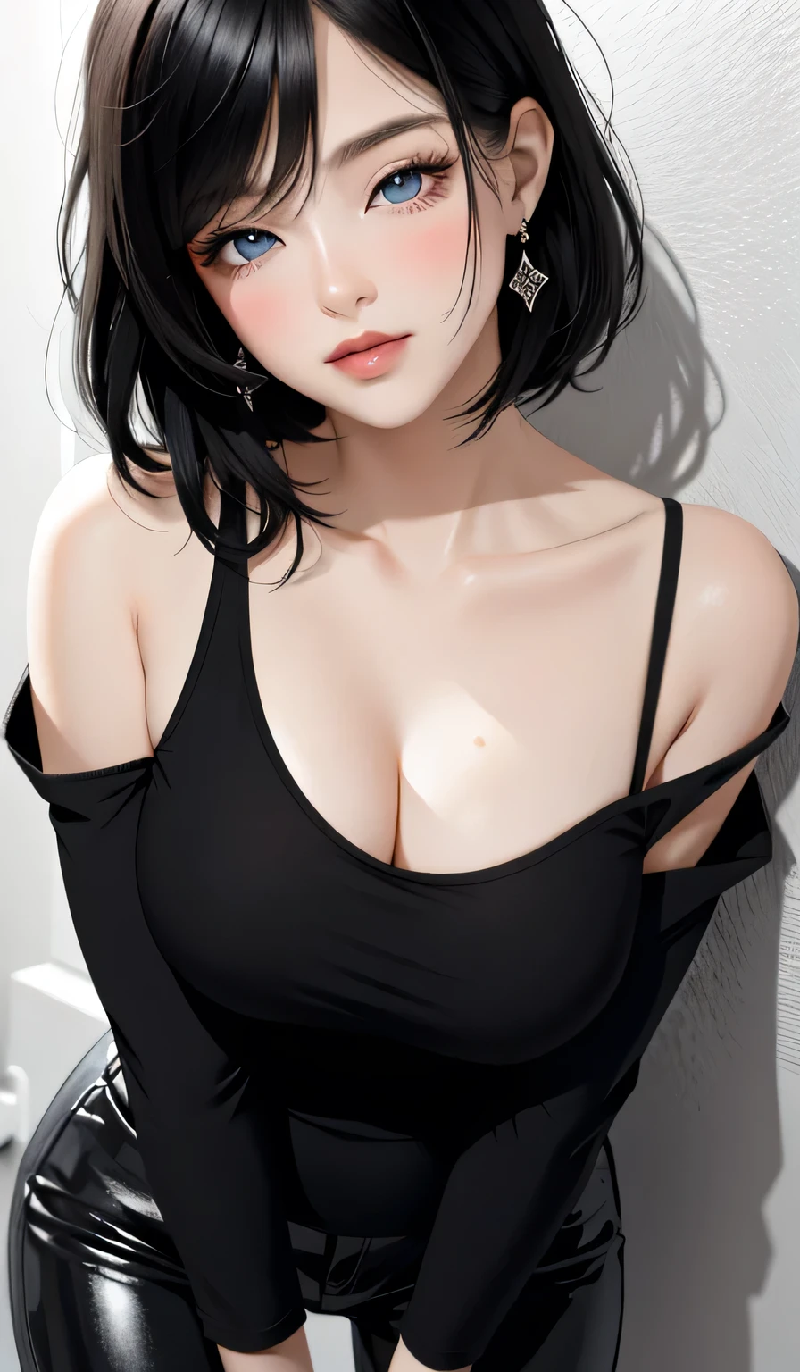 Amazing portrait of a sexy and cute woman with short black hair in a bob style showcasing her beautiful and plump face with seductive blue eyes and medium nose and deep pink blush and glossy red lips that are smiling having a long neck and a visible collarbone wearing a white t shirt with black graphics tucked into shiny black pants while being pinned against a wooden wall with natural lighting in an intimate moment
