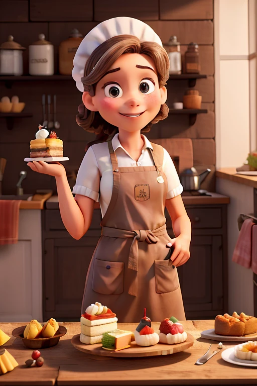 Obra-prima, de melhor qualidade, uma jovem confeiteira de cabelos cacheados castanhos escuro, espantada, with cake in hand and apron with Culinary Atelier written on it, rosa, corpo alto