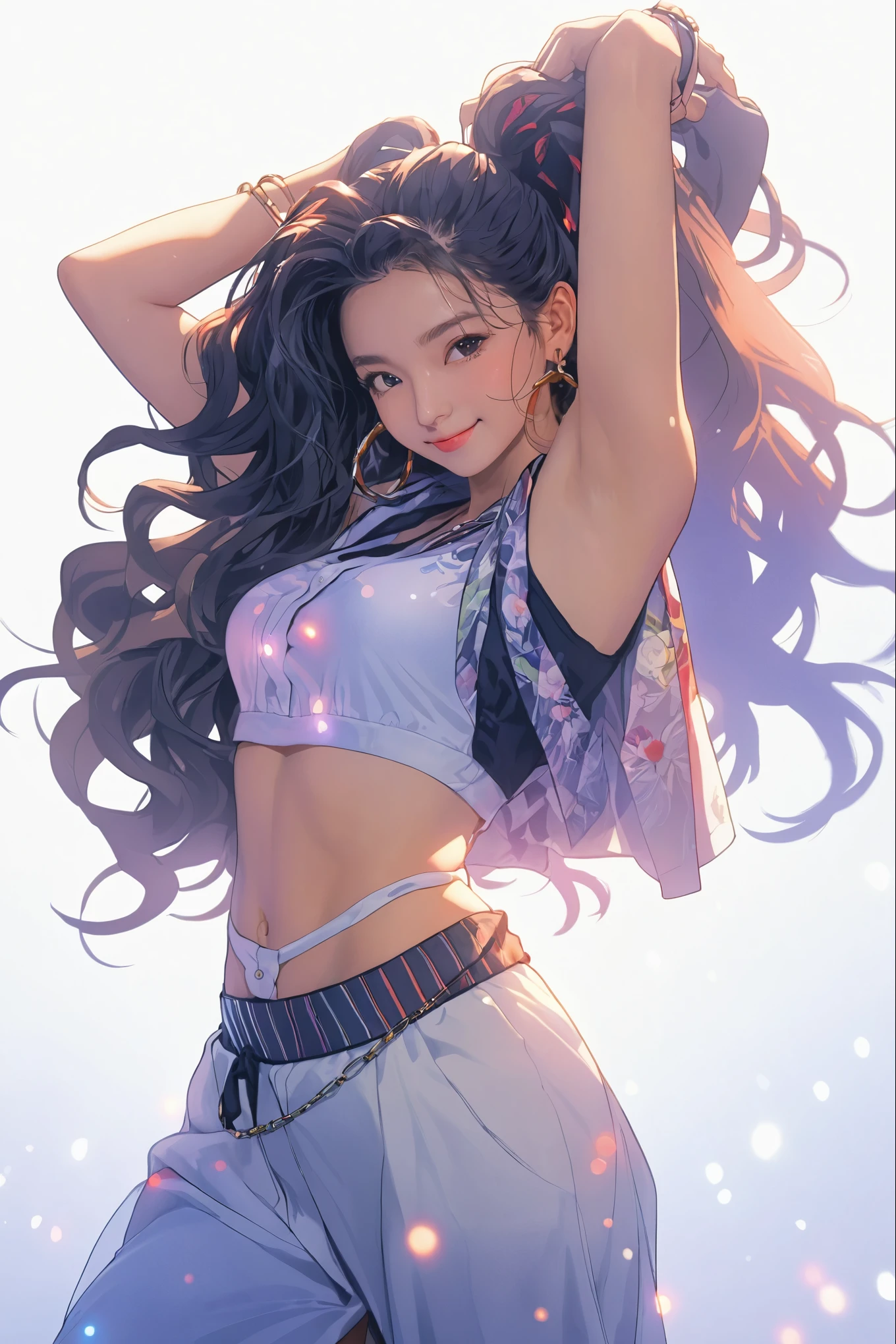 highly detailed, 8k, masterpiece, 1 Girl, Red tie_hair, skirt , crazy_Smile, (perfect_Face), detailed_background, full_Body, Bloom,(Beautiful Lights:1.3), Caustic lines, Dynamic Lighting, from_below