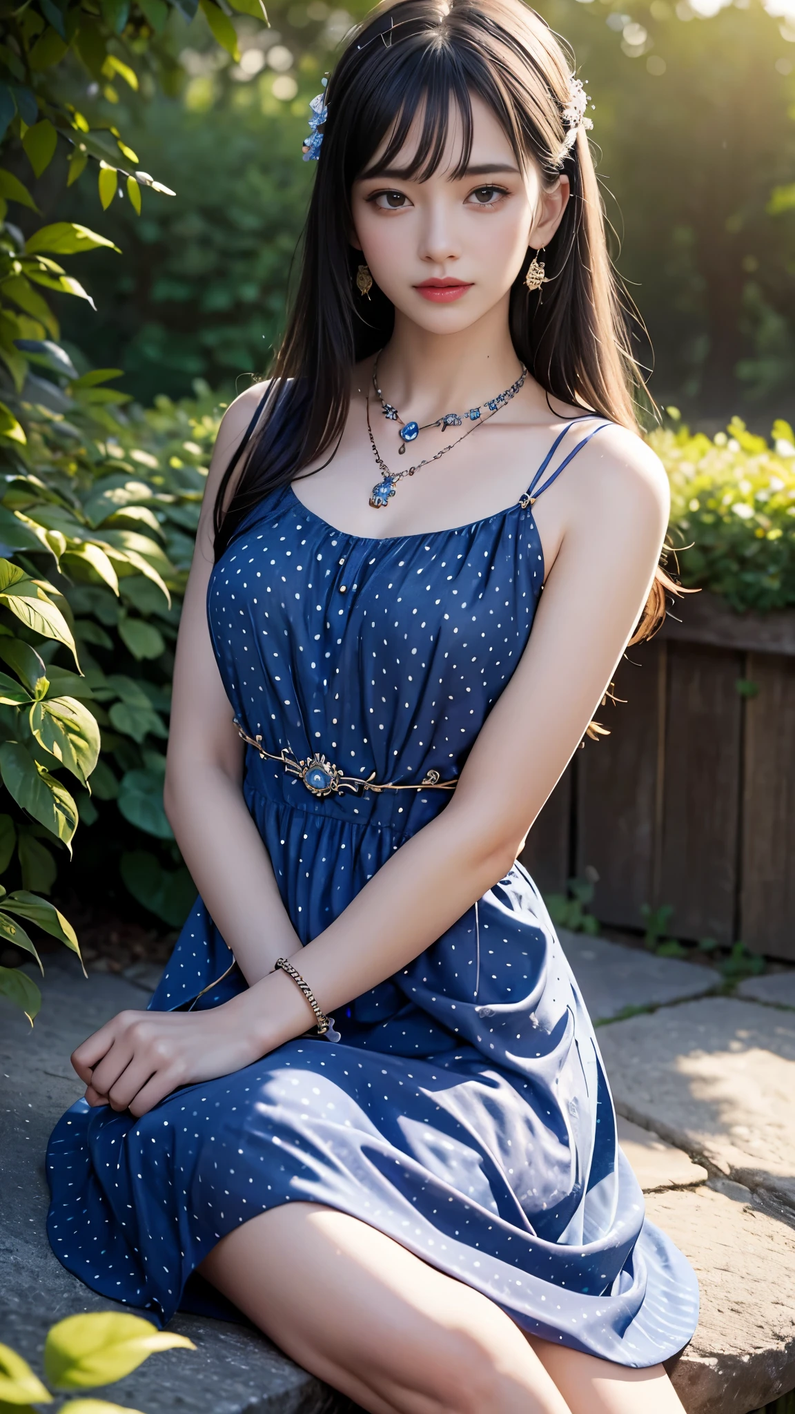 best quality, masterpiece, 1girl, (polka dot dress), (indigo dress), hair ornament, necklace, (jewellery:1.8), Beautiful face, small breasts, tyndall effect, photorealistic, rim lighting, two tone lighting, (high detailed skin:1.2), dslr, (spreading light:1.5) soft lighting, high quality, volumetric lighting, candid, in the garden, Photograph, high resolution, 4k, 8k, Bokeh, sitting,