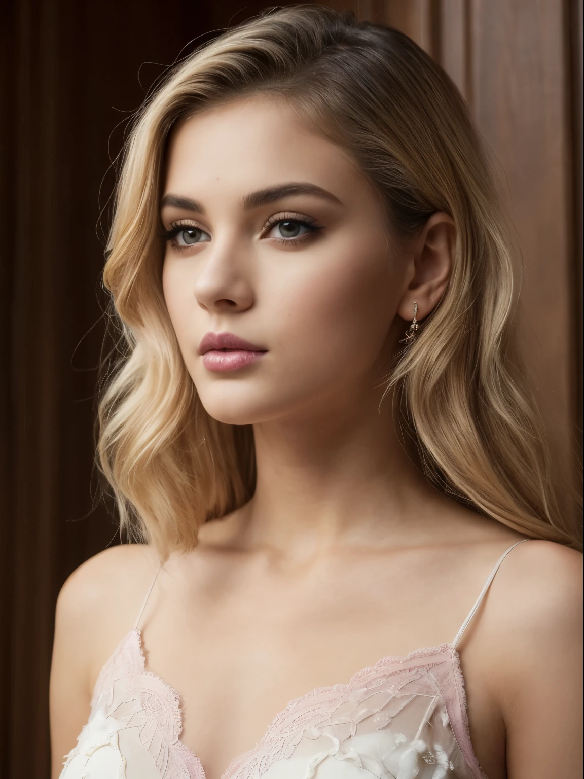 (Best quality,8K,A high resolution,Masterpiece:1.2, DSLR, 16k ),Ultra-detailed,(Realistic,Photorealistic,photo-realistic:1.37),Portrait, Creative style artwork, Historical, classical, Sophisticated, plethora of colors ,Highly detailed, Soft lighting, luxurious environment , black dress, there is young woman , girl wearing a classy royal dress, performing a music video, slim fit (oval perfect shape, asymmetrical face structure, perfect proportion, almond eye type, hazal eye color, detailed eyes, yellow hair color, 34 inch breasts, hourglass figure, slim body, pale white skin tone ,sexy girl, 22 years old, soft wavy hair, looking away, attitude expression, professional makeup, pink lips)