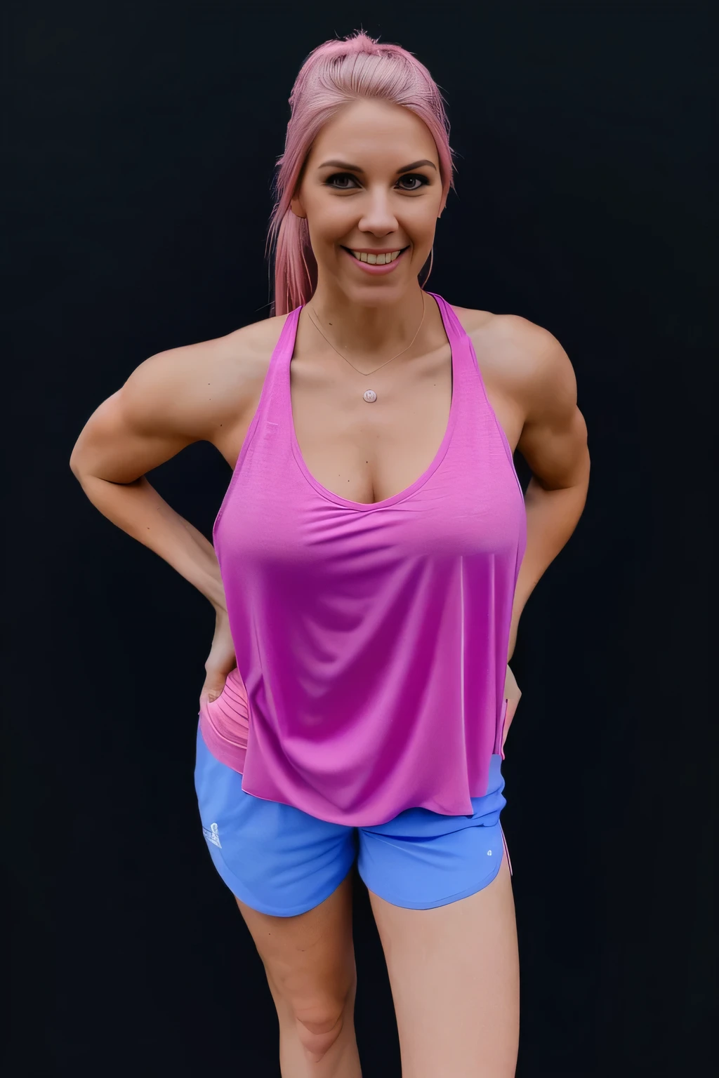 there is a woman in a pink tank top and blue shorts, fit pic, hand on hips, frontal pose, wearing fitness gear, hunched shoulders, close up half body shot, middle body shot, wearing adidas clothing, standing athletic pose, violet tight tanktop, wearing : tanktop, wearing a camisole and shorts, half-body shot