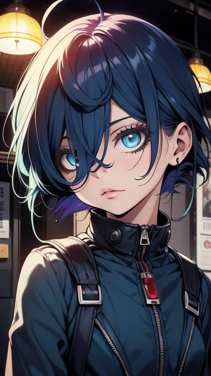 Obra-prima,Detalhado,High resolutions:1.4) , Foto del modelo, fechar, Rosto detalhado, Olhos finos e detalhados,, (Kirishima Touka),medium blue hair,ojo ghoul,retro jacket,Tokyo Ghoul,Fundo retrofuturista, cores vibrantes, hdr,, ,