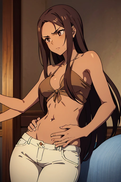 (detailed), perfect face, brown skin anime woman in a deep V-neck tied top, (bare shoulders), (jeans), (long hair), starving, (resting hands on the stomach), (hands on the stomach), (slim woman), (smooth and shiny skin), annoyed, looking down at her stomach, ((best quality)), ((masterpiece))