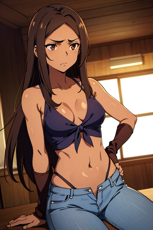 (detailed), perfect face, brown skin anime woman in a deep V-neck tied top, (bare shoulders), (jeans), (long hair), starving, (resting hands on the stomach), (hands on the stomach), (slim woman), (smooth and shiny skin), annoyed, looking down at her stomach, ((best quality)), ((masterpiece))