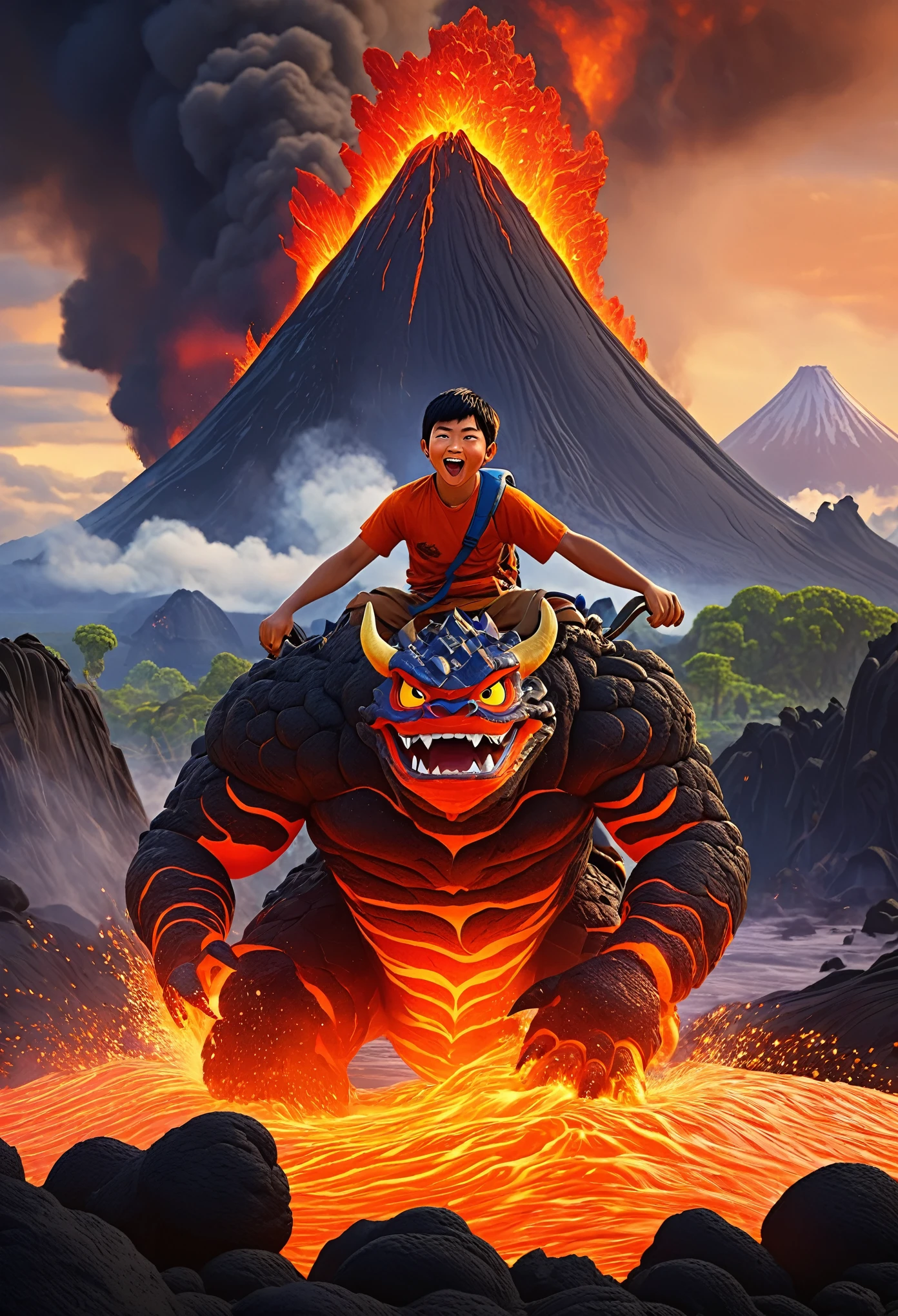 an Asian boy riding on the back of a giant Lava Demon, with fire and smoke billowing from its body. The background is set in volcanic landscapes with erupting volcanoes and flowing rivers. It's in the style of Pixar animation, showcasing vibrant colors and exaggerated expressions.