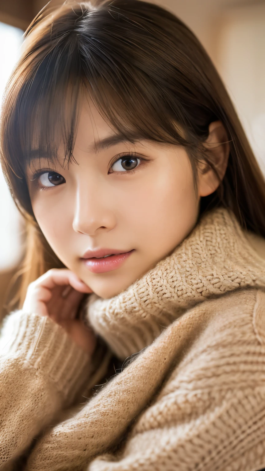 best quality, face focus, soft light, ultra high res, (photorealistic:1.4), RAW photo,
1japanese girl, solo, cute, (pupil, lights in the eyes), detailed beautiful face, (),(high resolution detail of human skin texture),
(long hair),
indoor,
wearing a sweater