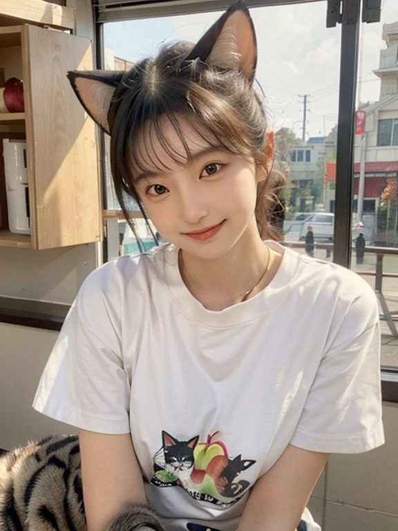 a large amount of apples, Cat耳の女の子, Cat耳, Cat,Ｔshirt, smile, 
