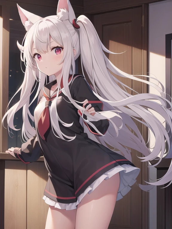 Yuudachi, Yuudachi, ahogo, Pelo rubio, red eyes, cinta,cabello_cinta,cabello_ornamento, pelo sobre el hombro, pelo largo, , solapas para el cabello, ROMPER black guantes, serafuku negro, black camisa, black Falda, fingerless guantes, guantes, handkerchief, pleated Falda, ,rojo_handkerchief,blanco_bufanda,,sin dedos_guantes,plisado_Falda , serafuku, camisa, Falda, white cuello marinero, ROMPER looking at viewer, ROMPER indoors, aula, ROMPER (Obra maestra:1.2), mejor calidad, high resolution, fondo de pantalla de unidad 8k, (illustration:0.8), (hermosos ojos detallados:1.6), cara extremadamente detallada, Perfect lighting, CG extremadamente detallado, (manos perfectas, perfect anatomy),