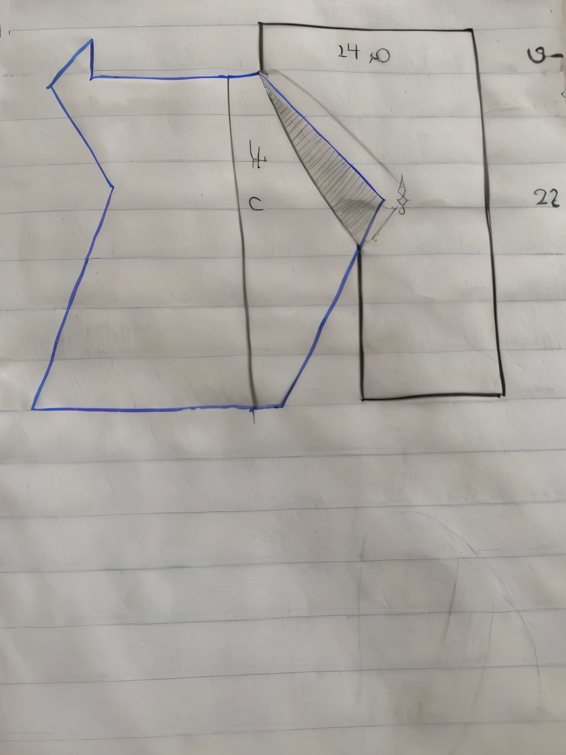 un primer plano de una hoja de papel con el dibujo de un vestido, On a notebook page, found Esquema en un cuaderno, accurately drawn details, dibujo sencillo, Non-pleated section, dibujado a mano, Ropa de pecho en V abierta, imagen muy coherente, Esquema en un cuaderno, Nota detallada, recorte de medio cuerpo, Technological pattern, dibujo descolorido, dibujado en papel