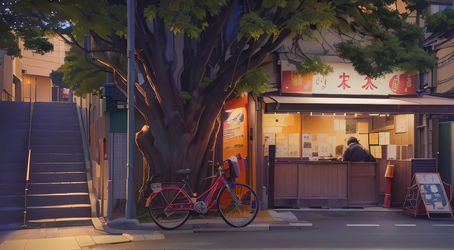 cena de anime de um homem parado na frente de uma loja, fundo de anime art, papel de parede de arte de anime 8k, papel de parede de arte de anime 4k, papel de parede de arte de anime 4k, rua japonesa, tokyo street background, fundo de anime, Tokyo anime scene, in front of ramen shop, estilo anime 4k, papel de parede de anime 4k, fundo colorido de filme de anime, ramen restaurant, , steps, stone wall