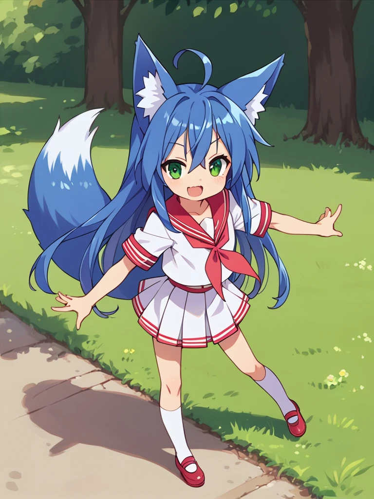 score_9, score_8_up, score_7_up, best quality, masterpiece, source_anime, photo, (natural skin, detailed skin:0.8), uncensored,
(child ,cute ,small girl:0.5), (colourful,Colouring in:1.0),skinny,
konata izumi, long hair, green eyes, ahoge, blue hair, blue fox ears, blue fox tail, skinny, 
flat chest, 
1girl, outdoors, serafuku, red miniskirt, red sailor collar, shoes, white and red tighhighs, smile,
dynamic pose,v,
,   