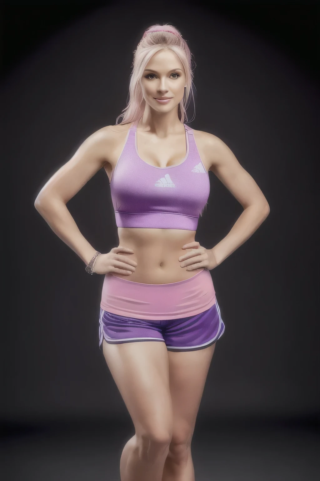 there is a woman in a pink tank top and blue shorts, fit pic, hand on hips, frontal pose, wearing fitness gear, hunched shoulders, close up half body shot, middle body shot, wearing adidas clothing, standing athletic pose, violet tight tanktop, wearing : tanktop, wearing a camisole and shorts, half-body shot