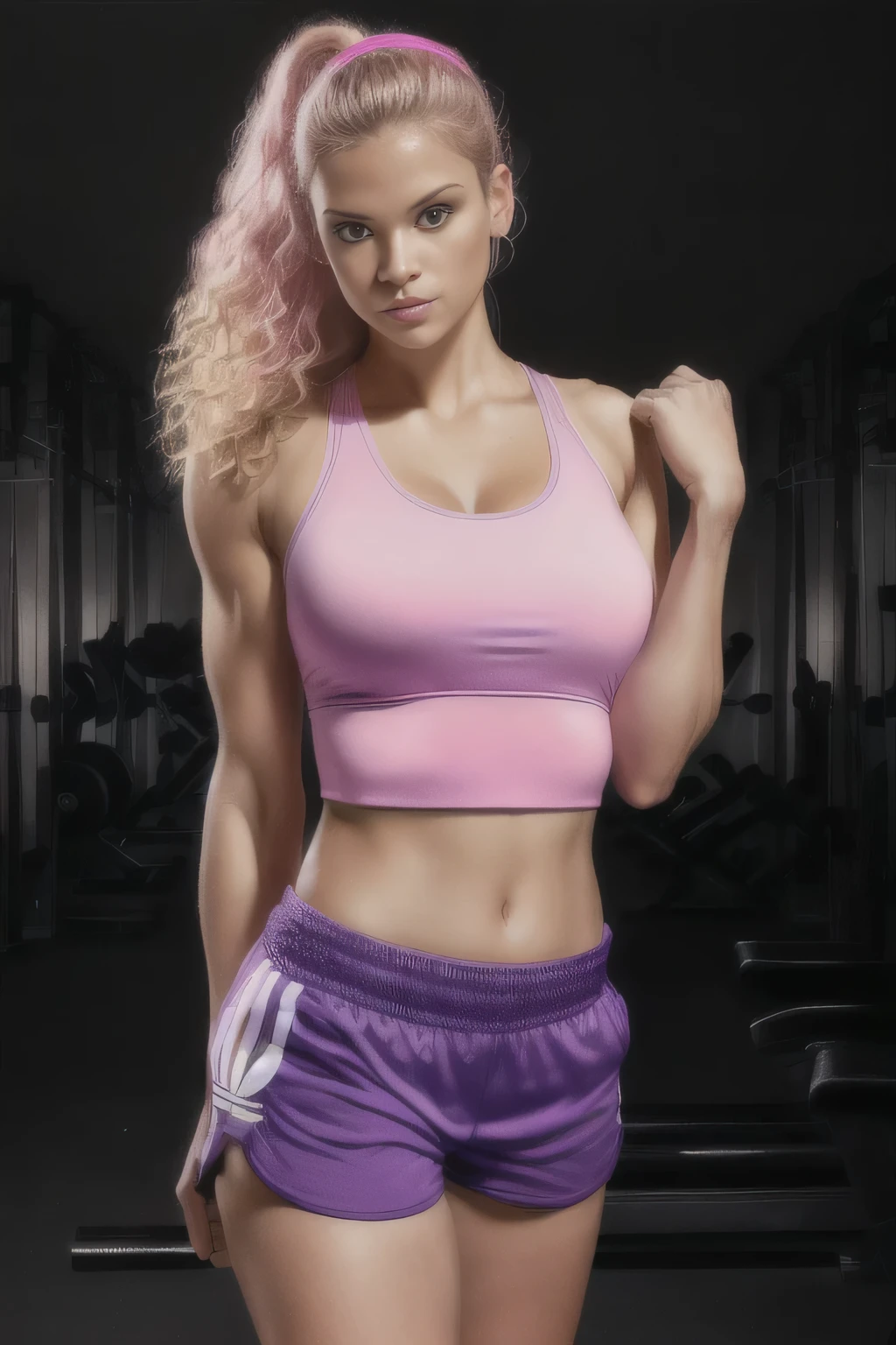 there is a woman in a pink tank top and blue shorts, fit pic, hand on hips, frontal pose, wearing fitness gear, hunched shoulders, close up half body shot, middle body shot, wearing adidas clothing, standing athletic pose, violet tight tanktop, wearing : tanktop, wearing a camisole and shorts, half-body shot