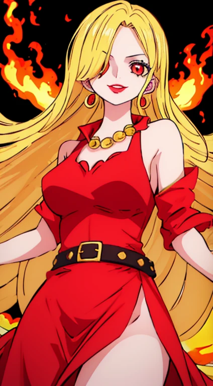 Beautiful anime girl, solo, 1girl, looking at viewer, cute, beautiful, red eyes, long hair, open hair, blonde hair, strawhat, one piece, smiling, smooth skin, light skin, red lips, anime, best quality, masterpiece, extremely detailed, 4k, red eyes, beautiful red eyes, detailed face, detailed eyes, red dress, golden belt, golden necklace, golden earings, standing, fiery background, stable eyes, extremely beautiful, highres, high quality eyes, (hair covering one eye), hdr, fire powers