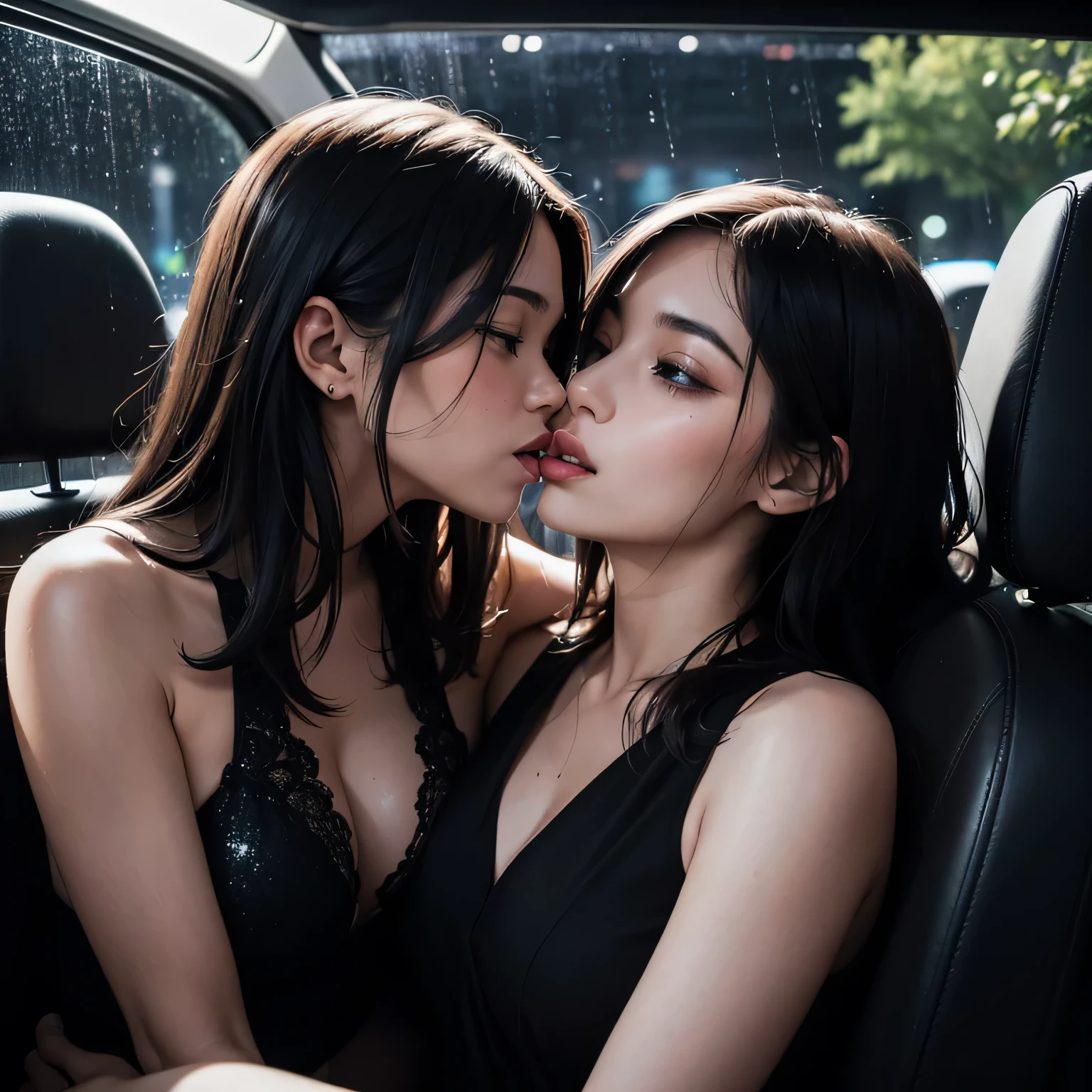 Amazing portrait of two sexy women aggressively making out passionately inside a car with intense kisses as it's raining outside during night time and they're hugging each other tight and they're kissing passionately with their lips touching
