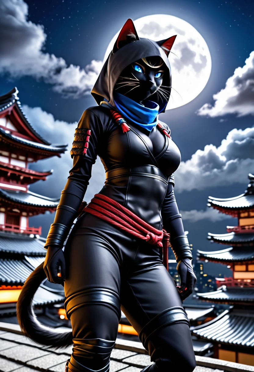 anthropomorphic female black cat ninja, ninja big cat, assassin, mk ninja, ninja outfit, ninja, mystic ninja, blue eyes, inspired by Kanō Hōgai, kunoichi, portrait shot, goth ninja, epic ninja suit, dramatic pose, on temple rooftops, in the moonlight, view from below looking up, photorealistic, uhd,