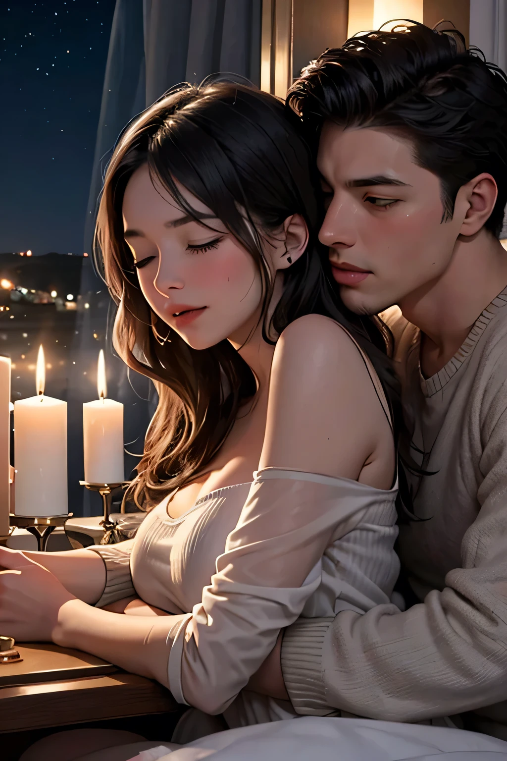 Amazing portrait of a young boy and woman passionately making out and kissing each other's lips touching and hugging tight and both are blushing intensely with their eyes closed in bed during night time and candles are lit