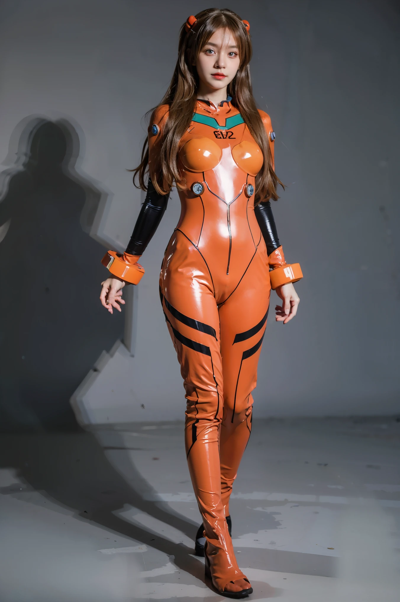 best quality, masterpiece, realistic, photorealistic, 1girl, solo, looking at viewer, full body, wariza, long hair, asuka cosplay costume, cosplay, plugsuit, bodysuit, hair ornament, simple background, 