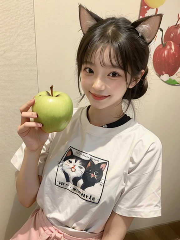 a large amount of apples, Cat耳の女の子, Cat耳, Cat,Ｔshirt, smile, 
