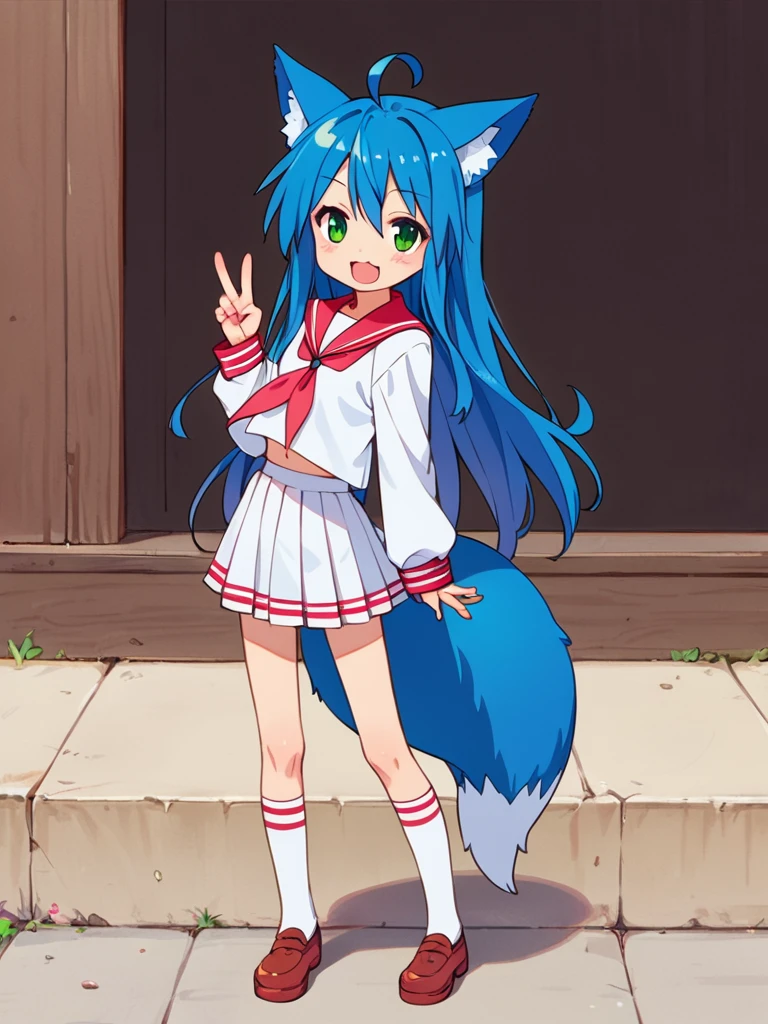 score_9, score_8_up, score_7_up, best quality, masterpiece, source_anime, photo, (natural skin, detailed skin:0.8), uncensored,
(child ,cute ,small girl:0.5), (colourful,Colouring in:1.0),skinny,
konata izumi, long hair, green eyes, ahoge, blue hair, blue fox ears, blue fox tail, skinny, 
flat chest, 
1girl, outdoors, serafuku, red miniskirt, red sailor collar, shoes, white and red tighhighs, smile,
dynamic pose,v,
,   