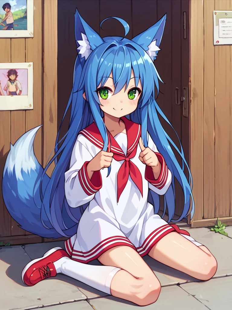 score_9, score_8_up, score_7_up, best quality, masterpiece, source_anime, photo, (natural skin, detailed skin:0.8), uncensored,
( ,cute ,small:0.5), (colourful,Colouring in:1.0),skinny,
konata izumi, long hair, green eyes, ahoge, blue hair, blue fox ears, blue fox tail, skinny, 
flat chest, 
1girl, outdoors, serafuku, red miniskirt, red sailor collar, shoes, white and red tighhighs, smile,
dynamic pose,v,
,   