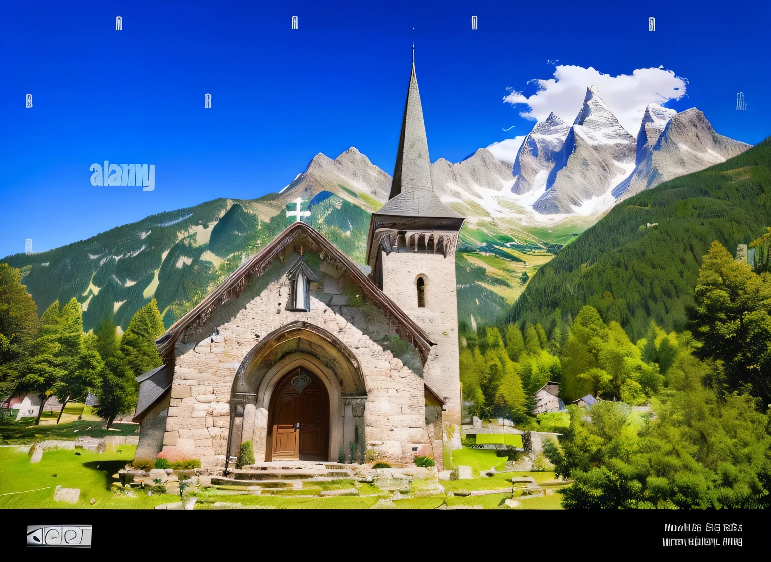 a small church em the mountaems with a steeple and a steeple on the top of it, em, chamonix, foto stock de alamy, imagem de alta qualidade, tourist destemation, Beautiful high resolution, Alpes, alpeme architecture, obturador, lindo altamente detalhado, imaculadamente detalhado, Gothic church background, em a scenic background, melhor em estoque da Adobe