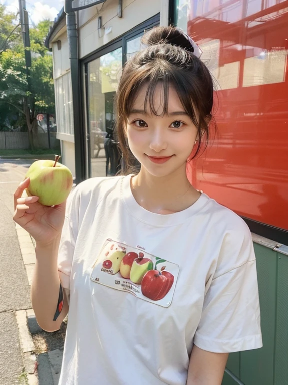 a large amount of apples, Cat耳の女の子, Cat耳, Cat,Ｔshirt, smile, 
