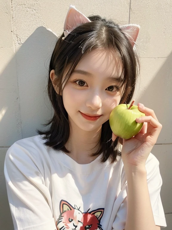 a large amount of apples, Cat耳の女の子, Cat耳, Cat,Ｔshirt, smile, 
