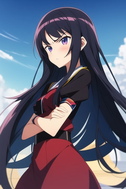 Anime sister with long hair and dark eyes with a scowl