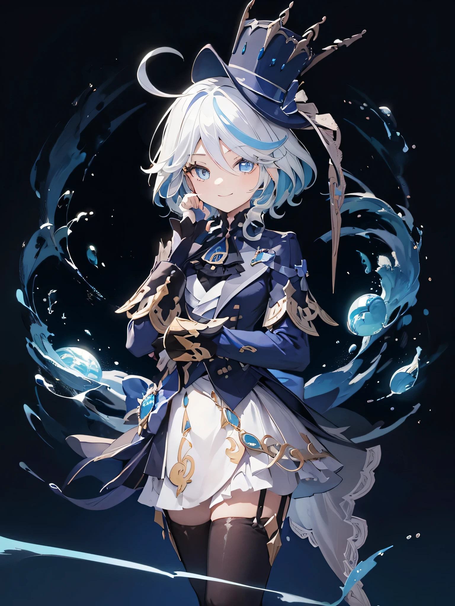 one girl, very cute girl, light smile, game illustration, furina, white hair, highlighted hair, blue hair, blue eyes, top hat, jump, hand-drawn illustrations, jewelry up, don't show fingers.