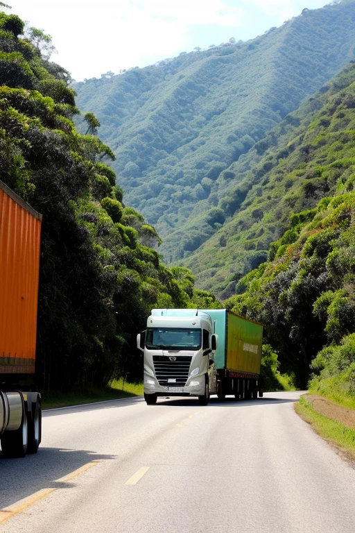 The image shows a line of trucks lined up on a rural road. Trucks come in different sizes and models, com cores vibrantes e logotipos de empresas variadas em suas carrocerias. The sun is setting in the background, creating an orange and golden sky that reflects on the truck bodies. Some of the trucks are parked, while others are on the move, creating a feeling of dynamism. The surrounding environment is tranquil, with lush green hills and scattered trees along the road. No horizonte, there is a small town, indicating that trucks are on a journey to deliver goods. The image conveys a feeling of travel, liberdade e aventura associada ao transporte de carga.